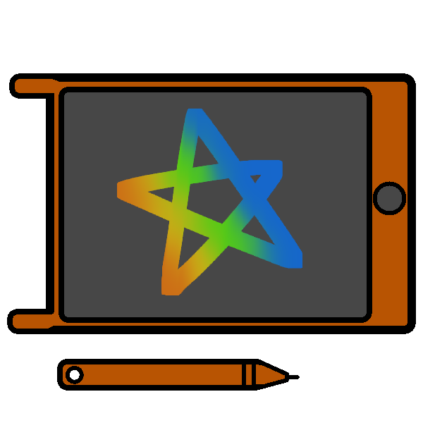 An orange LCD tablet with a star drawn on it, and a matching stylus below it.